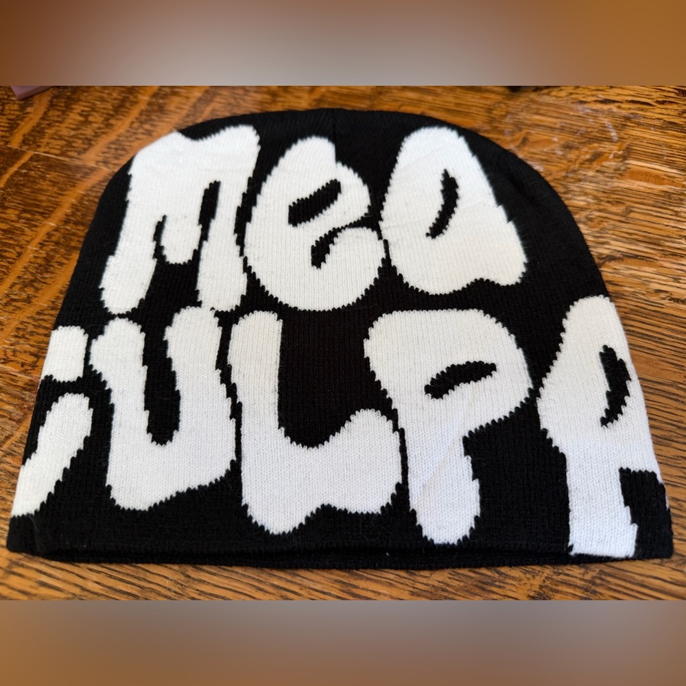 Black and White 'Mea Culpa' Graphic Beanie